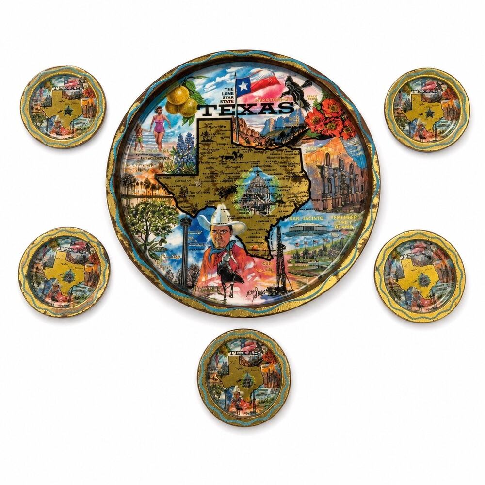 Vintage Ken Haag Texas Souvenir Tin Tray & 5 Coasters Gold Metal Lone Star State